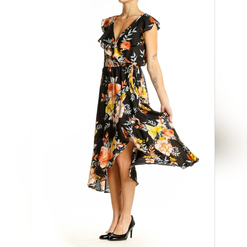 SocialiteBlack Floral Wrap Midi Dress